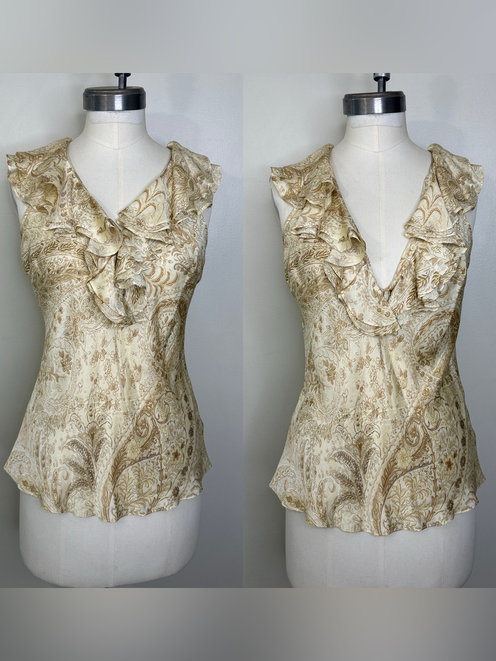 100% SILK LAUREN RALPH LAUREN RUFFLE PAISLEY PRINT TOP YELLOW GOLD SIZE 6
